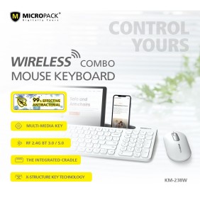 Micropack KM-238W Bluetooth and Wireless Combo Keyboard & Mouse, Can connect to 3 devices simultaneously White