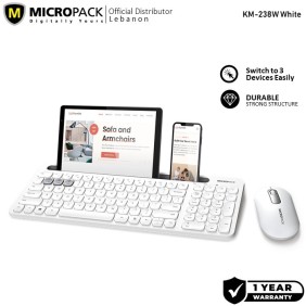 Micropack KM-238W Bluetooth and Wireless Combo Keyboard & Mouse, Can connect to 3 devices simultaneously White