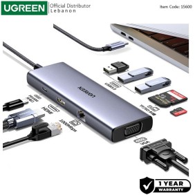 UGREEN 9-in-1 USB-C HUB Docking Station 4k HDMI + 3xUSB + SDTF + VGA + Lan RJ45 + USB-C Power Delivery Port - CM498 15600