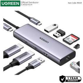 UGREEN Dual Display 9-in-1 USB-C HUB Docking Station Adapter, 3X USB + 2XHDMI +LAN RJ45 + SD/TF + USB-C PD Port - CM490 90119