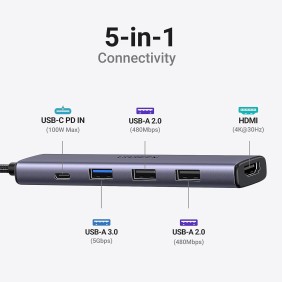 UGREEN REVODOK 5-in-1 USB-C HUB Docking Station, 1x USB3.0 + 2x USB2.0 + 4K HDMI + USB-C Power Delivery Port - CM478 15495