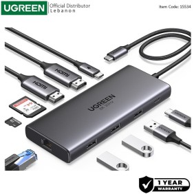 UGREEN REVODOK Dual Display 10-in-1 USB-C HUB Docking Station 3x USB + USB-C + 2x HDMI + RJ45 + SD/TF + PD Port - CM639 15534