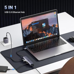 UGREEN USB 3.0 to 3- Port USB 3.0 Hub with RJ45 Gigabit Ethernet Port and Type-C Power Port, Stable Transmission - CM475 60554