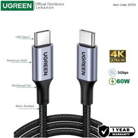 UGREEN USB-C 3.1 GEN1 Male to Male Cable support 4K@60Hz, 5Gbps, 60W, 1.5M - US161 50751